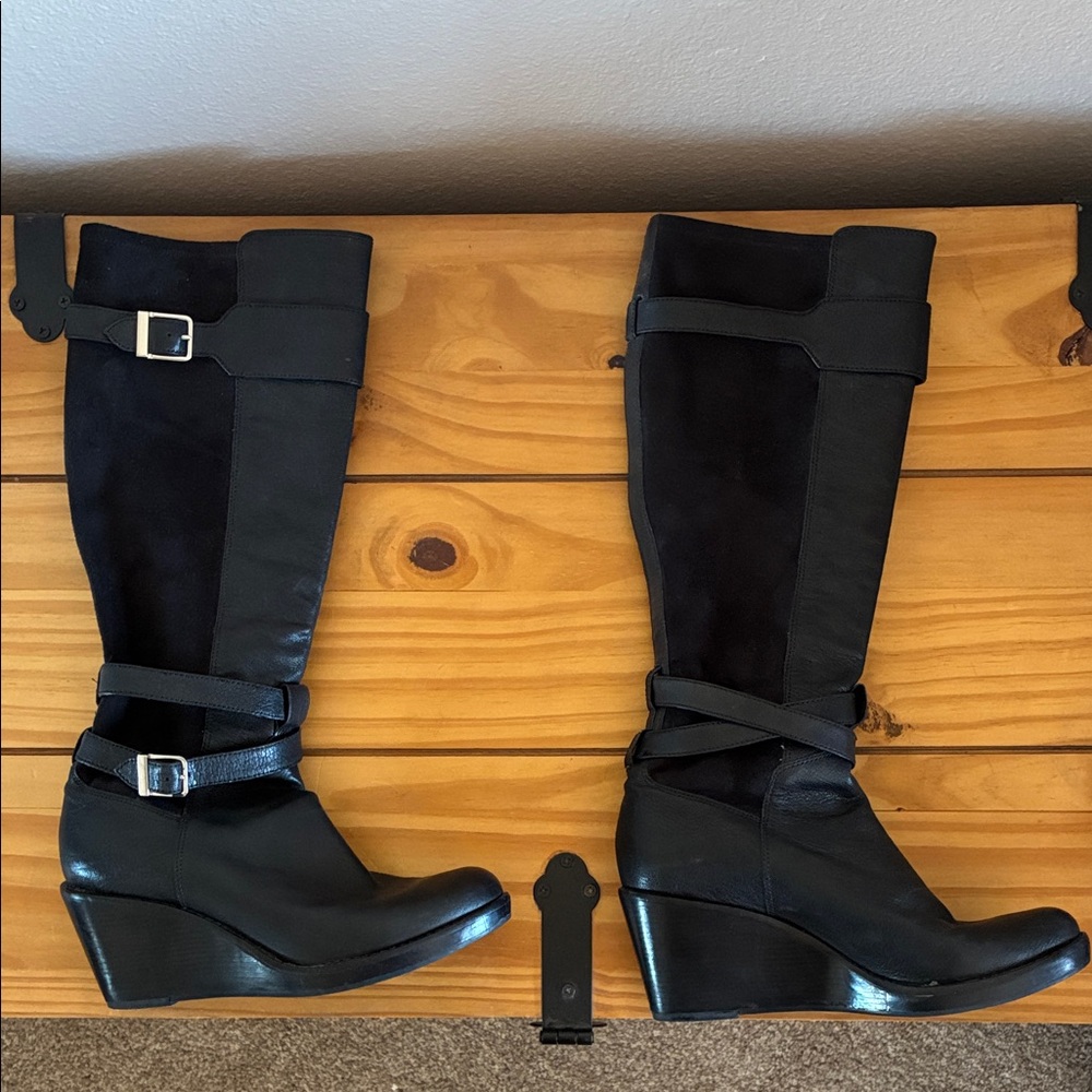 Cole Haan black buckle wedge boots